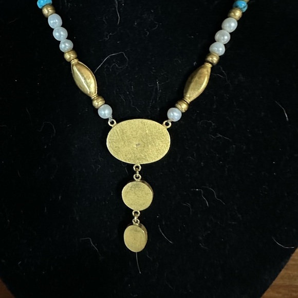 20 k gold turquoise pearl beaded pendant necklace - Picture 4 of 12